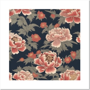 Japanese pink peony flower pattern, kimono design Posters and Art